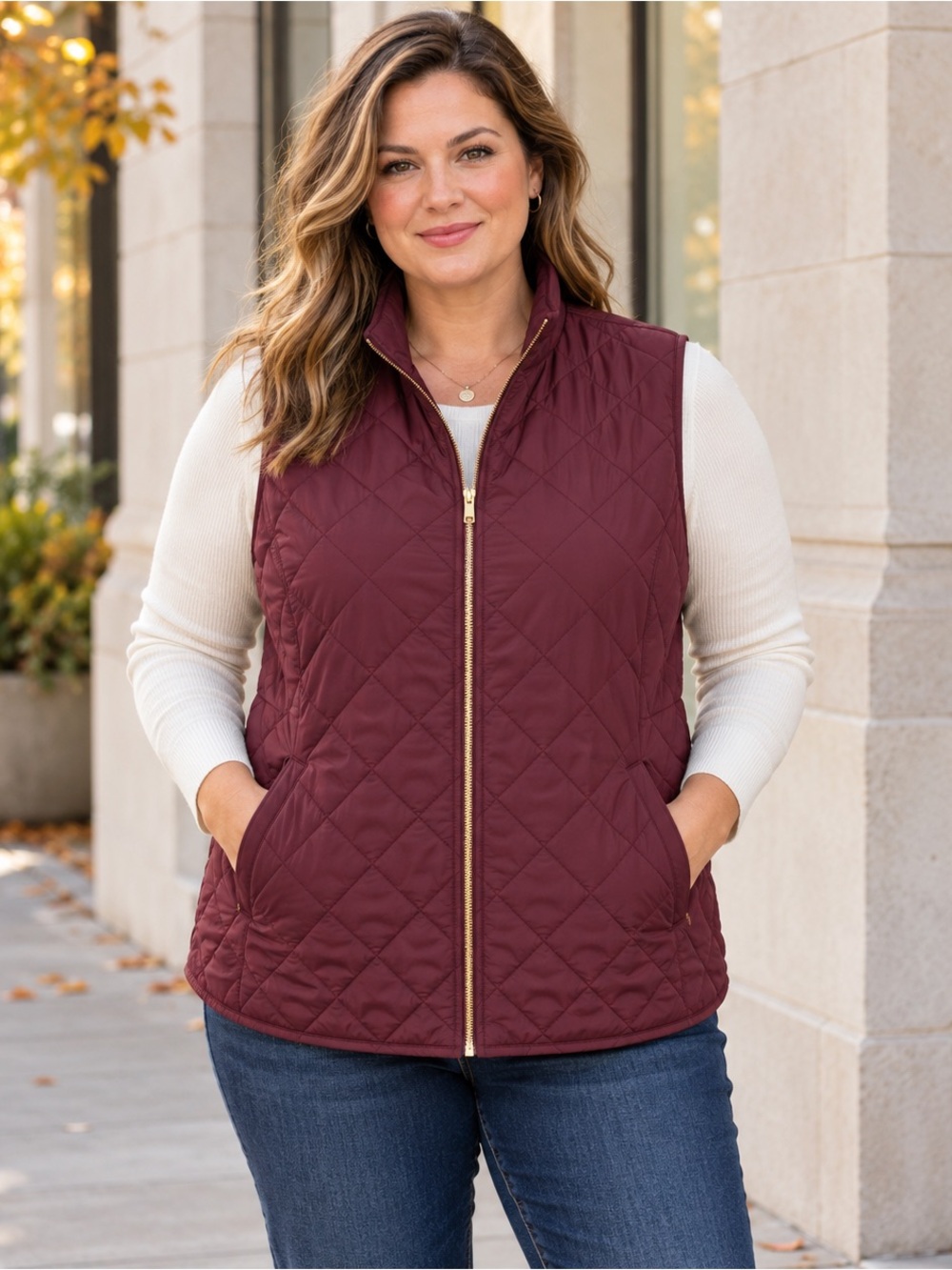 Old Navy Burgundy Diamond Quilted Vest Women’s XL Gold Zip Pockets